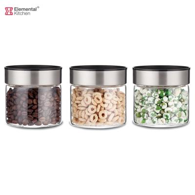 China 3 Pcs Sustainable Storage Jar Set Wholesale Clear Cereal Glass Seasoning Storage Jar Set With With Stainless Steel Bottles Lids for sale