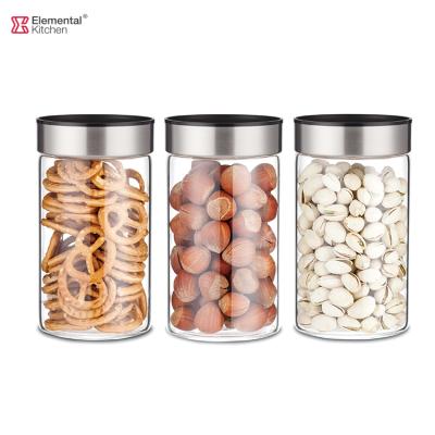 China 3 Pcs Sustainable Storage Jar Set Custom Mental Food Clear Lid Cover Food Storage Bottles And Jars Canister Transparent Glass Jar for sale