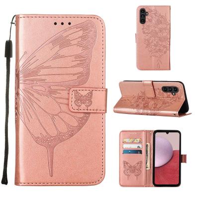 China Butterfly Wallet Phone Shockproof Embossed Leather Case For Samsung A24 A34 A54 A04 Core A13 A14 A04S M13M53 M33 Card Slots Stand TPU Cover for sale