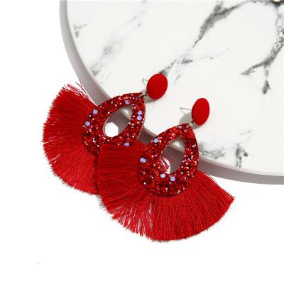 China Latest fashion boha silk thread fringe tassel earrings handmade multicolor leather sequined tear drop earring for girls for sale