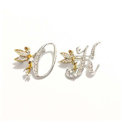 China Stylish Retro Brooch Crystal Rhinestones Lapel Pin Metal Diamond-studded Flower Fairy Western Uppercase Designer Alphabet Plating Brooches for sale