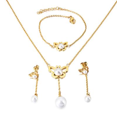 China CLASSIC Woman 316L Stainless Steel Pearl Stud Earrings And Costume Pendant Necklace Four-Piece Titanium Fine Butterfly Chain Jewelry Sets for sale