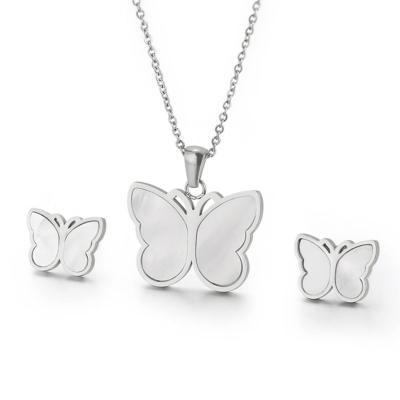 China CLASSIC Wholesale Price Woman Stainless Steel Stud Earrings and Three Piece Suit Pendant Necklace Love Butterfly Titanium Jewelry Sets for sale