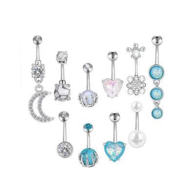 China Crystal Rhinestone Zircon Inlaid 10 In 1 Fashion Imation Opal Belly Button Ring Set Crystal Rhinestone For Dangling Hanging Piercing Belly Button Rings Body Jewelry for sale