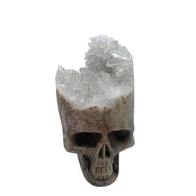 China Europe Wholesale White Crystal Cluster Carved Craft High Quality Hot Selling Clear Quartz Cluster Carving Skull for sale