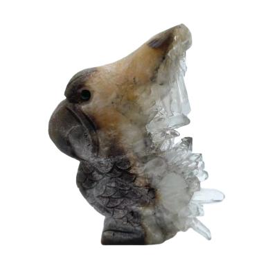 China Europe Wholesale White Crystal Cluster Carved Craft High Quality Hot Selling Clear Quartz Cluster Carving Parrot for sale