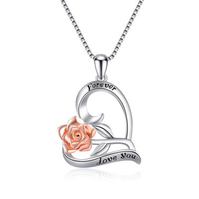 China Zircon Environmental Jewelry 925 Sterling Silver Pink Flower Heart Necklace Valentines for sale