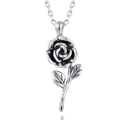 China Vintage Rose Flower Pendant Necklace 925 Sterling Silver Oxidized Jewelery Women for sale