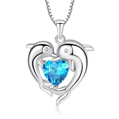 China Dolphin Heart Necklace 925 Sterling Silver Blue Cz Ocean Style Double Dolphin Necklace CLASSIC for sale