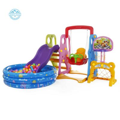 China Plaground A01213 House Use 5 in 1 Combination Multifunctional Kids Plastic Slide and Swing Sets for Kids for sale