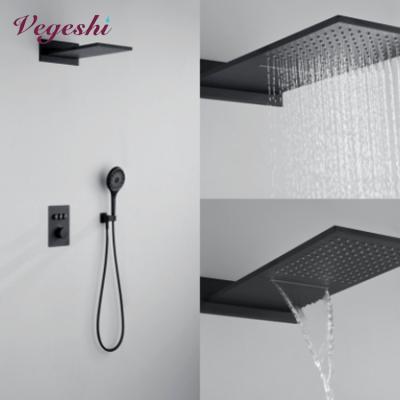 China Without Slide Bar Vegeshi Wall Mounted Black Shower Faucets Set Bath Thermostatic Luxury 2-Function Waterfall Concealed Shower Set for sale