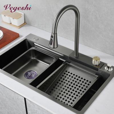 China Hot Sale Metered Faucets Vegeshi Waterfall Kitchen Faucet With Sink, Kitchen Faucet With Pull Down Sprayer for sale