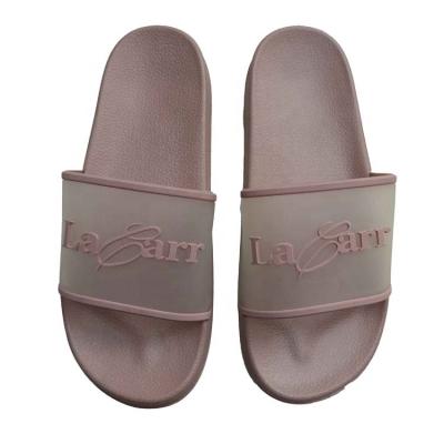 China Hot Selling Fashion Trend Logo Comfortable Multiple Colors Custom Embossed 3d Printed Soft Rubber Slide Sandals for sale