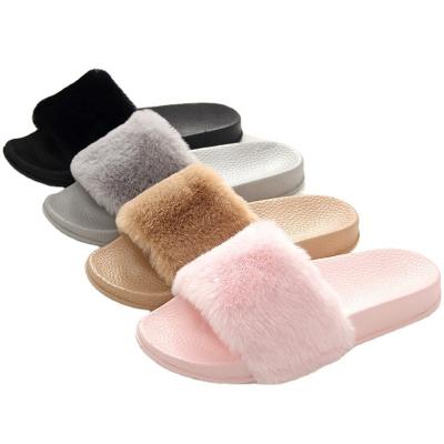 China Anti-Smell Fashion Customized Women Winter Sandal Fox Fur Slide Indoor Warm Slippers for sale