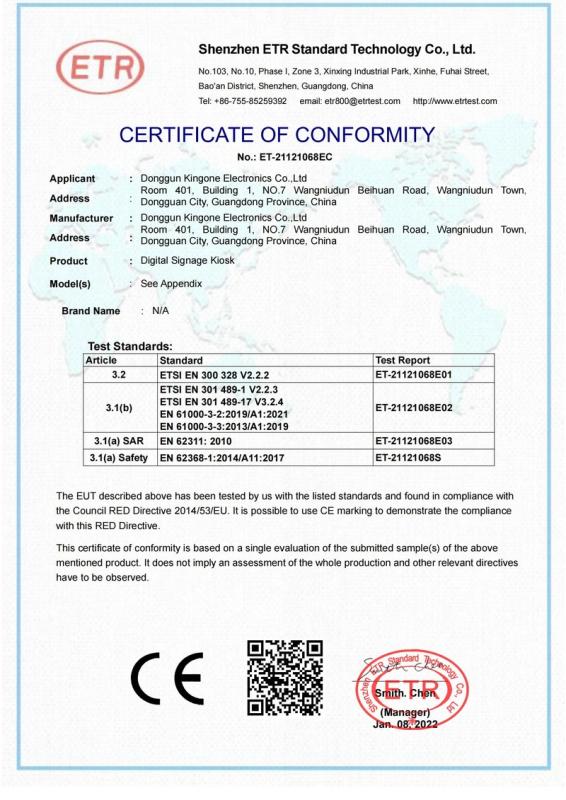 CE - Dongguan Kingone Electronics Co., Ltd.