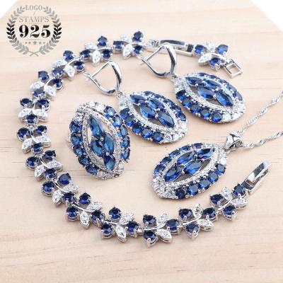 China CLASSIC Factory 925 Silver Bridal Jewelry Sets For Women Wedding Costume Stone Bracelets Set Blue Zircon Necklace Earrings Pendant Ring for sale