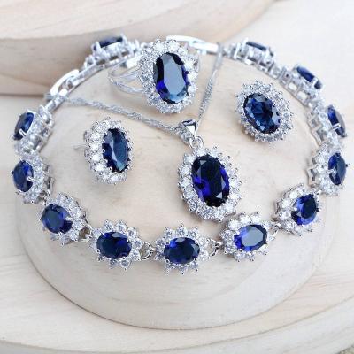 China CLASSIC Blue Zircon 925 Silver Bridal Jewelry Sets Earrings Ring Bracelets Pendant Necklace Set Women Wedding for sale