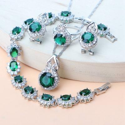 China CLASSIC 925 Silver Wedding Jewelry Sets For Women Bridal Green Rings Zircon Bracelets Earrings Pendant Necklace Set for sale