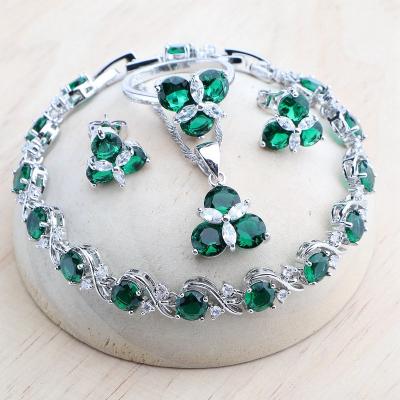 China FASHIONABLE 925 Women's Silver Green Zirconia Jewelry Sets Earrings Bridal Rings Wedding Stones Bracelets Necklace Pendant Set for sale