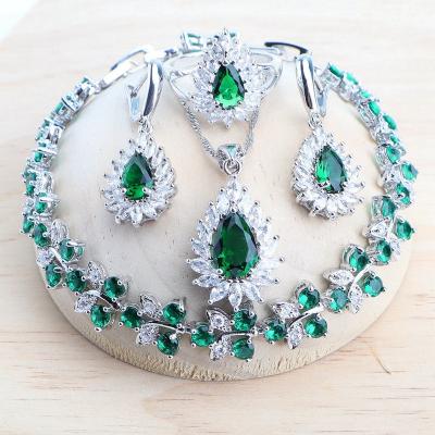 China FASHION Wedding Green Zircon 925 Silver Jewelry Sets Earrings Bridal Rings Bracelets Stone Costume Pendant Necklace Set For Women for sale