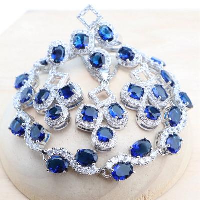 China CLASSIC Blue Cubic Zircon 925 Silver Bridal Jewelry Sets Wedding Stones Earrings For Women Bracelets Set Rings Pendant Necklace for sale