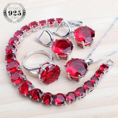 China CLASSIC Luxury Round Zircon 925 Silver Bridal Red Jewelry Sets Wedding For Women Costume Earrings Ring Bracelets Pendant Necklace Set for sale