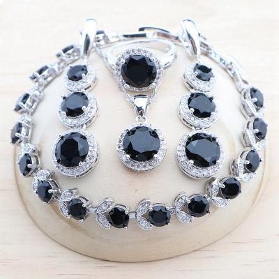 China TRENDY Bridal 925 Silver Jewelry Sets For Women Wedding Black Zircon Earrings Stones Bracelets Set Rings Pendant Necklace for sale