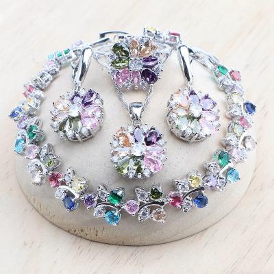 China TRENDY 925 Bridal Multi Silver Cubic Zircon Jewelry Sets For Women Wedding Earrings Stone Bracelets Set Rings Pendant Necklace for sale