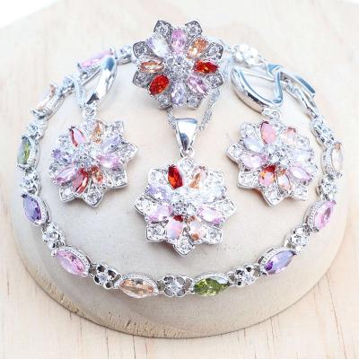 China TRENDY Multicolor Zircon 925 Silver Jewelry Sets For Women Earrings Stones Bracelets Rings Necklace Bridal Wedding Set for sale