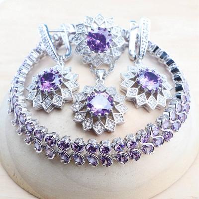 China CLASSIC Bridal 925 Silver Purple Cubic Zircon Jewelry Sets Wedding For Women Stones Earrings Bracelets Set Rings Pendant Necklace for sale