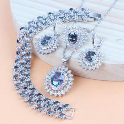 China CLASSIC 925 Silver Wedding Jewelry Sets Natural Magic Earrings Ring Bracelets Pendant Necklace Set Rainbow Bridal Women for sale