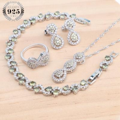 China 925 CLASSIC Olive Green Zircon Jewelry Sets Silver For Women Bridal Costume Bracelets Set Earrings Ring Pendant Wedding Necklace for sale