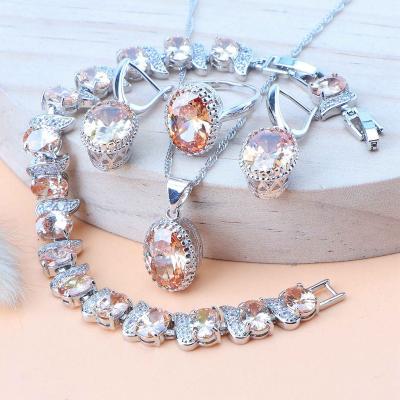 China FASHIONABLE Champagne Zirconia 925 Silver Wedding Jewelry Sets For Women Bridal Rings Stones Bracelets Necklace Pendant Set for sale