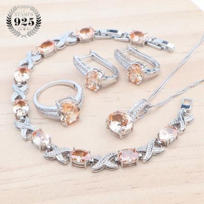 China Factory CLASSIC 925 Silver Jewelry Sets For Women Wedding Bridal Earrings Ring Pendant Necklace Champagne Zircon Stone Bracelets Set for sale