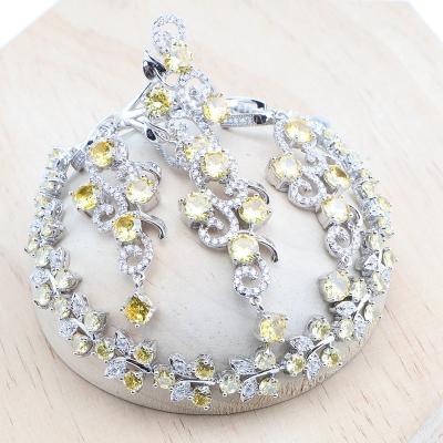 China FASHIONABLE 925 Women's Yellow Silver Zirconia Jewelry Sets Earrings Bridal Rings Wedding Stones Bracelets Necklace Pendant Set for sale