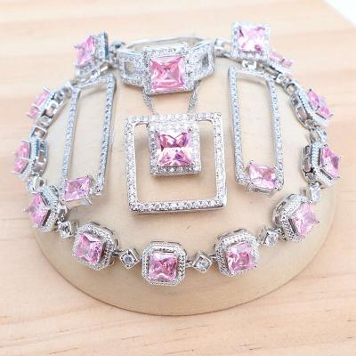 China FASHIONABLE Wedding 925 Silver Pink Zircon Jewelry Sets Bridal Earrings For Women Stones Bracelets Rings Necklace Pendant Set for sale