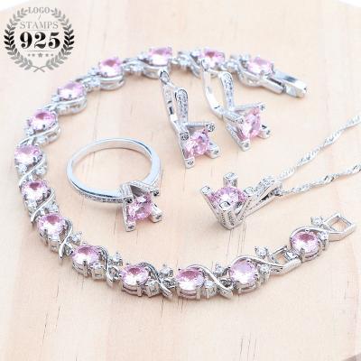 China CLASSIC Women Bridal Silver Jewelry Sets 925 Wedding Pink Zircon Stone Bracelets Set Earrings Ring Pendant Necklace for sale