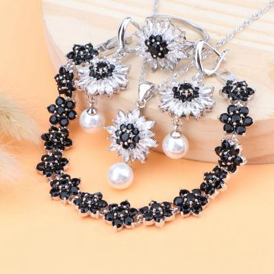 China FASHIONABLE Pearl 925 Silver Wedding Jewelry Sets For Women Bridal Black Rings Zircon Bracelets Necklace Earrings Pendant Set for sale