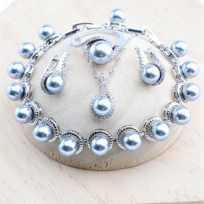 China TRENDY Bridal 925 Silver Pearl Jewelry Sets For Women Wedding White Zircon Earrings Stones Bracelets Rings Pendant Necklace for sale