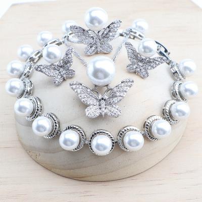 China TRENDY Bridal 925 Silver Pearl Jewelry Sets For Women White Zircon Wedding Earrings Stones Bracelets Set Rings Pendant Necklace for sale