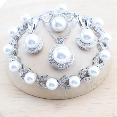 China TRENDY PearlJewelry Bridal 925 Silver Sets For Women Wedding White CZ Earrings Stones Bracelets Set Rings Pendant Necklace for sale