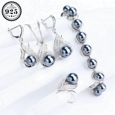 China TRENDY Wedding Pearl 925 Silver Bridal Jewelry Sets Costume Stone Bracelets Earrings Rings Pendant Necklace Set For Women for sale