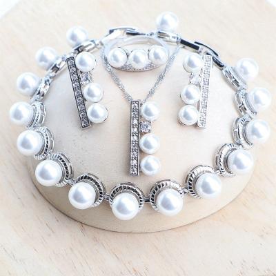 China TRENDY Pearl 925 Silver Jewelry Sets Wedding Suit Stone White Zircon Bracelets For Women Pendant Necklace Set Earrings Rings for sale