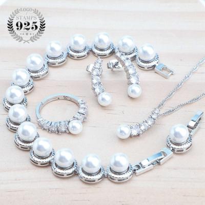 China TRENDY Pearl 925 Silver Jewelry Sets White Zircon Bridal For Women Costume Bracelets Set Earrings Ring Pendant Wedding Necklace for sale