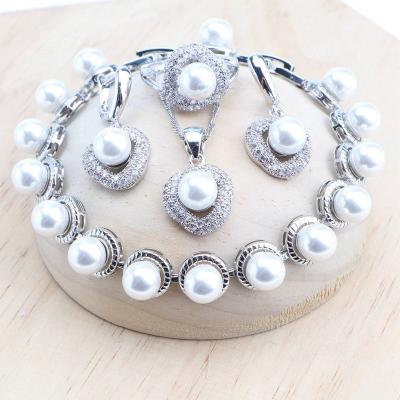 China CLASSIC 925 Silver Pearl Jewelry Sets For Women Wedding Bridal Ring Bracelets Earrings Pendant Necklace Set for sale