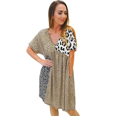 China Elegant V-Neck Sleeve Top Dress Leopard Print Shirt Dress Women Summer Breathable Short Loose Women's Clothing With Pockets for sale