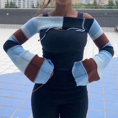 China Anti-pilling fall 2022 off shoulder pull neck sweater tops for women color blocking long sleeve knitted crop tops for sale