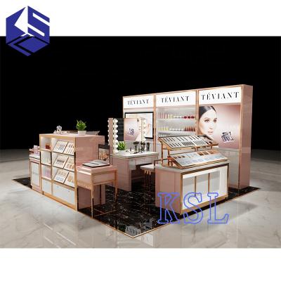 China Environment Friendly Luxury Custom Lights Interior Design Wooden Mall Make Up Cosmetic Kiosk Display Showcase for sale