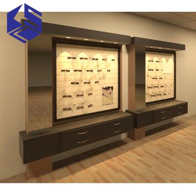 China New Recycled Materials Wooden Eyewear Display Stand Wall Mounted Furniture For Optical Shop Design for sale