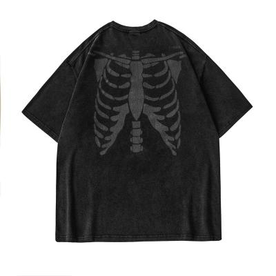 China Skeleton Print QUICK DRY T-shirt For Men Washed Distressed Dark Casual Cotton Men's Half Sleeve T-shirt Shortsleeve Clothes Top Streetwear for sale